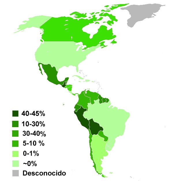 Percentuale di nativi nei singoli Stati dei continenti americani